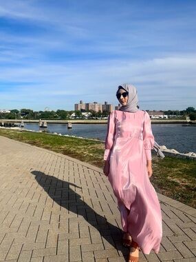 Modest Pink Long-Sleeve Maxi Dress with High Neck